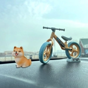 Cute Dog Car Dashboard Accessories, Kurilai Funny Bicycle Car Ornament, Puppy Car Rearview Mirror Decorations, Small Bike Car Interior Decor Fairy Garden Landscape Decor for Men Women (2pcs)