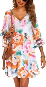 Ekouaer Women's Swimsuit Cover Up 3/4 Bell Sleeve Beachwear Coverups Deep V-Neck Bikini Beach Dress S-3XL
