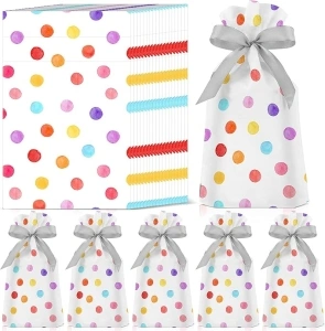 Bulyoou 50 Pcs Polka Dots Bags Bulk Dots Cellophane Treat Bags Candy Goodies Treat Bags Gift Watercolor Dots Plastic Wrapping Package for Birthday Party Snack Food Storage(Colorful)