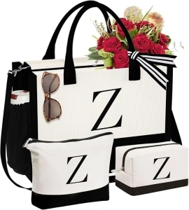 YOOLIFE 3 Pcs Gifts for Women - Initial Canvas Tote Bag & Makeup Bag Personalized Mothers Day Birthday Gifts for Women Her Girlfriend Friends Female Sister Teacher