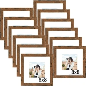 Picrit 8x8 Picture Frame Set of 12, Display 5x5 with Mat or 8 x 8 Without Mat, Photo Frames for Wall Mounting or Table Top Display, Brown.