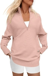 DEEP SELF Fall Women V Neck 1/4 Zip Pullover Stretch Sweater Long Sleeve Stand Collared Ribbed Knitted Solid Sweaters