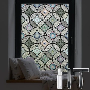 DKTIE Static Cling Decorative Window Film with Installation Tools Non Adhesive Privacy Film, Stained Glass Window Film for Bathroom Shower Door Heat Cotrol Anti UV 17.7 x 78.7 Inch