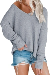 Women’s Off Shoulder Knit Sweaters Oversized V Neck Long Sleeve Loose Lightweight Pullover Tops