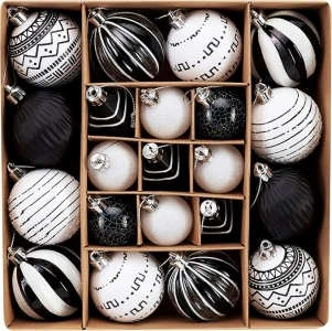 DecorbyHannah Christmas Ornaments Decorations,21ct Black White Christmas Tree Ornaments Set, Shatterproof Boho Theme Decorative Hanging Ball Ornaments for Christmas Halloween Tree Table Decor