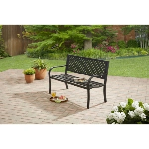 Mainstays Lattice High Back Slat Seat Steel Outdoor Bench, Black - Seats 2