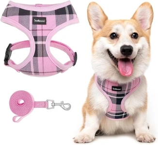 SCENEREAL Puppy Dog Harness with Leash Set for Small Medium Sized Dogs, Soft Mesh Step in Pet Harnesses and Leash, No Chock Plaid Adjustible No Pull Vest for Dogs Cats, Chihuahua,Bulldog (Pink M)