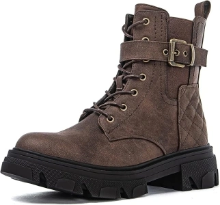 GLOBALWIN Women's Combat Boots Lace Up Ankle Booties Comfortable Lug Sole Boots For Women Chunky Low Heel