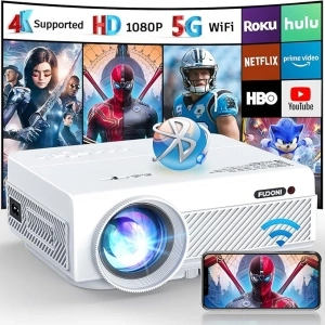 Projector with WiFi and Bluetooth, FUDONI 5G WiFi Native 1080P Outdoor Projector 15000L Support 4K, Portable Movie Projector with Screen and Max 300