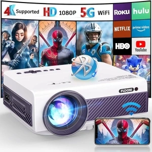 Projector with WiFi and Bluetooth, FUDONI 5G WiFi Native 1080P Outdoor Projector 15000L Support 4K, Portable Movie Projector with Screen and Max 300