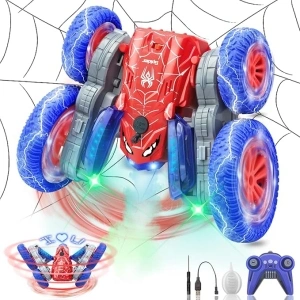 Spider Remote Control Car, 360°Rotating RC Stunt Car with 4 LED Texts Headlights and Spray, 2.4Ghz 4WD Double Sided Flip RC Car Toys for Boys Girls Age 3 4 5 6 Christmas Halloween Birthday Gift