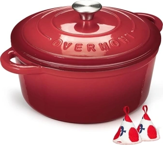 Overmont Enameled Cast Iron Dutch Oven - 5.5QT Pot with Lid Cookbook & Cotton Potholders - Heavy-Duty Cookware for Braising, Stews, Roasting, Bread Baking red