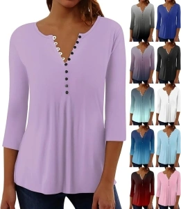 slqdgmryz 3/4 Length Sleeve Womens Tops V Neck Cute Shirts Button Down Casual Dressy Blouses Three Quarter Tunic Tops