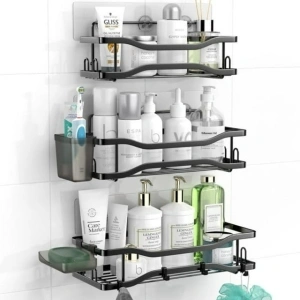 TINANA Bathroom Shower Caddy , 3 Pack Stainless Steel Adhesive Shelves with Hooks, Toothpaste & Soap Holder, No Drilling Rustproof Bathroom Shower Organizer for Shower Storage Black