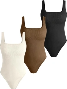 CC-Peach Women's 3 Piece Sexy Ribbed Square Neck Sleeveless Bodysuits