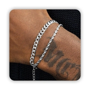 Silver Cuban Link Chain Bracelet for Men, Waterproof Stainless Steel Rope Bracelet Set, 7.9