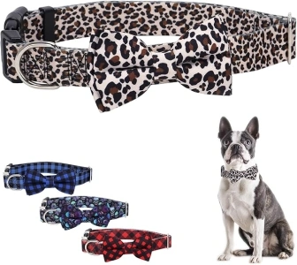 Leopard Dog Collars for Small Dogs Boy and Girl with Bow Tie, Adjustable Soft Male & Female Pet Collar for XS Small Medium Large Dogs (Leopard L)