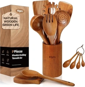 Wooden Spoons for Cooking, Nonstick Kitchen Utensils Set with 4 Piece Measuring Spoons, Comfort Grip Wooden Spatula Set, 9 Piece Teak Wooden Cooking Utensils with Holder and Spoon Rest