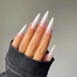 Long Almond Tip Nails Press on Solid White Fake Nails Stiletto Shape False Nails with Design Press Ons Gift for Wemons 24pcs