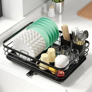 Upgraded Dish Drying Rack, Dish Racks for Kitchen Counter, Auto-Drain, Large Capacity, Space-Saving Dish Rack with Cutlery Holder, 16.9''L x 12.6''W, Black