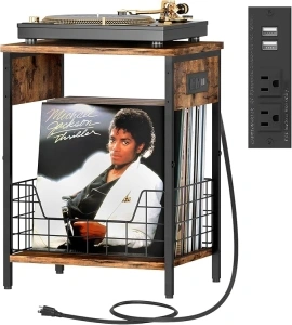 2-Tier Record Player Stand, Industrial Retro Side Table with Charging Station &USB Ports, End Table with Record Album Storage, Nightstand Small Table for Living Room Bedroom Small Spaces-Rustic Brown