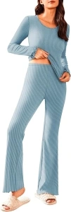 Ekouaer Women's Pajamas set Ribbed Knit Long Sleeve Top and Flare Pants Loungewear Sleepwear Pjs 2 Piece lounge sets, S-XXL