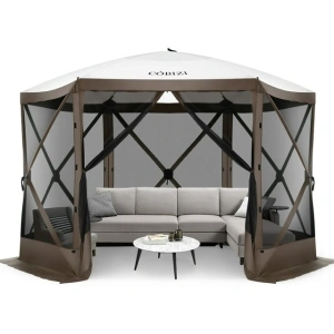 COBIZI 12'x12' Pop-up Gazebo Outdoor Camping Tent with 6 Sides Mosquito Netting, Waterproof, UV Resistant, Portable Screen House Room, Easy Set-up Party Tent with Carry bag, Ground Spike, Brown