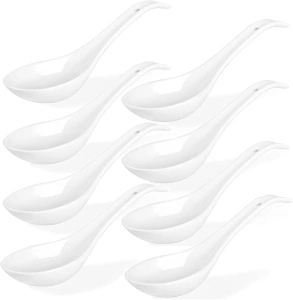 QLANS Soup Spoons, Ceramic Chinese Soup Spoons, Asian Soup Spoons, White Japanese Spoon Large for Ramen Pho Wonton Dumpling Miso, Deep Oval Hook Design, Set of 8