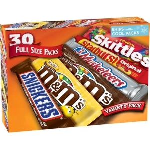 M&M'S, SNICKERS, 3 MUSKETEERS, SKITTLES & STARBURST Full Size Chocolate Candy Variety Mix 56.11-Ounce 30-Count Box