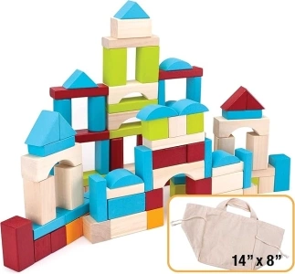 Imagination Generation 100 Piece Natural Wooden Building Block Set with Carrying Bag – Children's Deluxe Stacking Toy Set