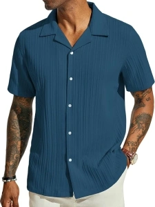 PJ PAUL JONES Men's Casual Button Down Shirts Short Sleeve Summer Shirts Wrinkle-Free Shirts Textured Beach Shirts