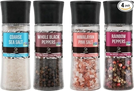 Soeos Spice Seasoning Set of 4, 9.8oz(277.82g), With Integrated Grinders, Salt and Pepper Grinder Set, Pure and Fresh Perfect for BBQ Seasoning Gift Set, Grilling Spice, Herb, Spice & Seasoning Gifts