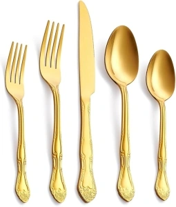 30-Piece Gold Silverware Set, FULLYWARE Stainless Steel Satin Finish Flatware Cutlery Set include Forks, Spoons and Knives, Rose Pattern Design, Service for 6