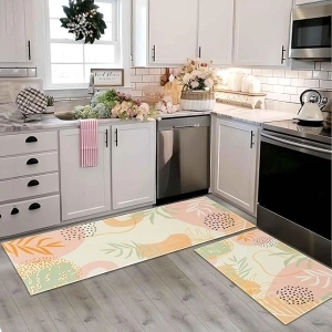 Boho Kitchen Rugs and Mats Set of 2, Non Slip Backing Pink Kitchen Rug Mid Century Modern Decor Seasonal Farmhouse Abstract Tropical Leaves Bohemian Low-Profile Kitchen Floor Mat 17