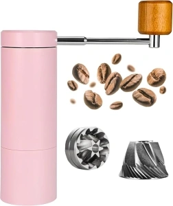 Pink Manual Coffee Grinder, Fine Adjustment, Stainless Steel Conical Burr, For Espresso, French, Pourover, Mocha Pot, Mokka, Portable, For Office and Camping