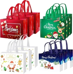 IPQXE 12 Pack Large Christmas Gift Bags - Reusable Christmas Tote Bags Non-Woven, Xmas Shopping Bags with Handles, for Christmas Treat Bags, Gifts Wrapping, Xmas Party Supplies 12.6'' X 9.8'' X 4.5''