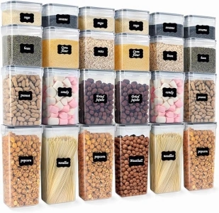 Airtight Spice Jars with Label, 24 pcs Plastic Storage Containers with Lids Kitchen Canisters, Plastic Kitchen Organizers and Storage for Dry Food, Flour and Sugar,Include 30 Labels and 5 Spoons