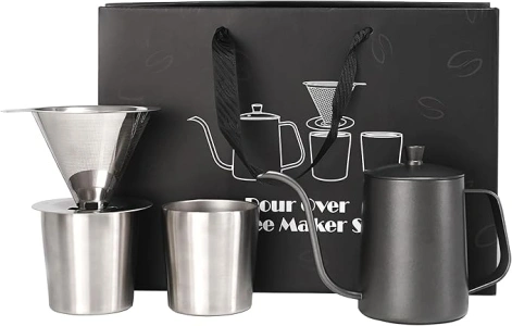 Coffee Pour Over Kit, Coffee Making Kit, Travel Coffee Kit, Hand Drip Coffee Set, 100% Stainless Steel Components, Ideal for Coffee Lovers Anniversary Birthday Gift