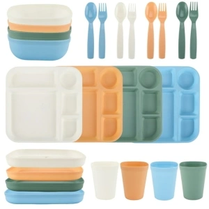 Your Zone 24-Piece Plastic Square Dinnerware Set, 4 Each Trays, Bowls, Plates, Cups, Forks, Spoons in Green, Blue, Orange, Cream