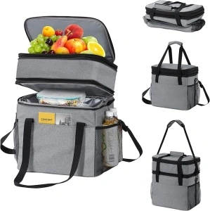45 Can Cooler Bag for Men Women,32L Large Expandable Double Deck Insulated Lunch Box,Leakproof Reusable Cooler Lunch Bag,Suit for Camping/Picnic/Road Trips,Grey