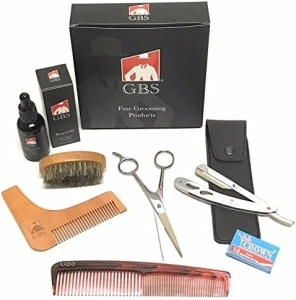 G.B.S Beard Growth Professional Kit– 5.5” Scissors, Beard Oil, Boar Bristle Beard Brush, shavette, 7