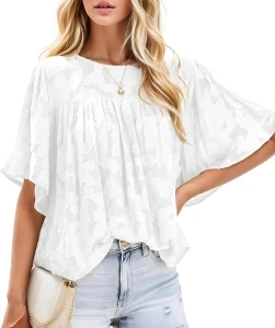 Women 3/4 Bell Sleeve Tops Boho Floral Blouses Crewneck Lace Babydoll Summer Shirts with Keyhole Back