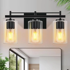 Bathroom Vanity Light, 3-Lights Bath Vintage Wall Mounted Lamps, Vanity Light Fixtures, with Clear Glass Shade Modern Matte Wall Sconce Lighting Black Bathroom Light, for Mirror Bedroom Hallway