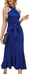 JASAMBAC Women's Fall Dresses 2023 Midi Criss Cross Neck Sleeveless Ruffle Hem Cocktail Party Bodycon Dress with Belt