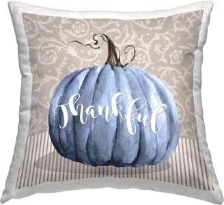 Stupell Industries Blue Pumpkin Autumn Thankful Calligraphy Pattern Design by Livi + Fin Throw Pillow, 18 x 18