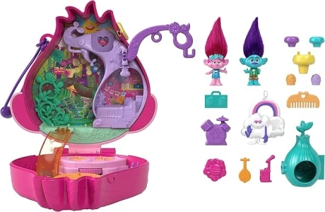 Polly Pocket Trolls Compact Playset, Poppy & Branch Micro Dolls, 13 Accessories, Poppy Exterior with Soft Hair, Collectible Toy