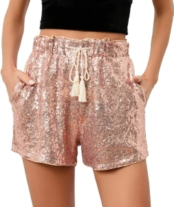 Women's Summer Sequins Shorts High Waist Casual Loose A Line Hot Pants Sparkly Clubwear Night-Out Skorts