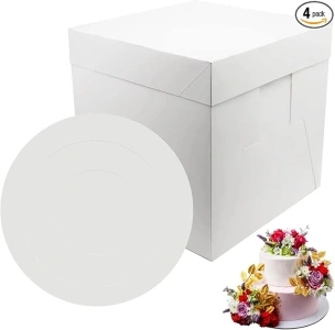 4 Sets Cake boxes 12x12x12 inches with Cake Board for for Tier Cakes, Tall, White Cake Boxes, Disposable Cake Containers