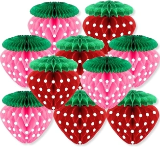 Tenare 24 Pcs Strawberry Honeycomb Balls Strawberry Birthday Decorations Favors Fruit Theme Table Centerpieces Tissue Paper Honeycomb Tabletop Hanging Decors Strawberry Party Supplies (Red, Pink)