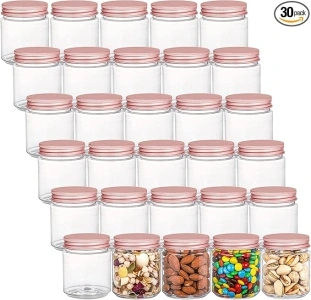 Fasmov 30 Pack 5 Ounce Clear Plastic Jars Containers with Rose Gold Lids, Round Empty Plastic Slime Storage Containers for Kitchen & Household Storage - BPA Free